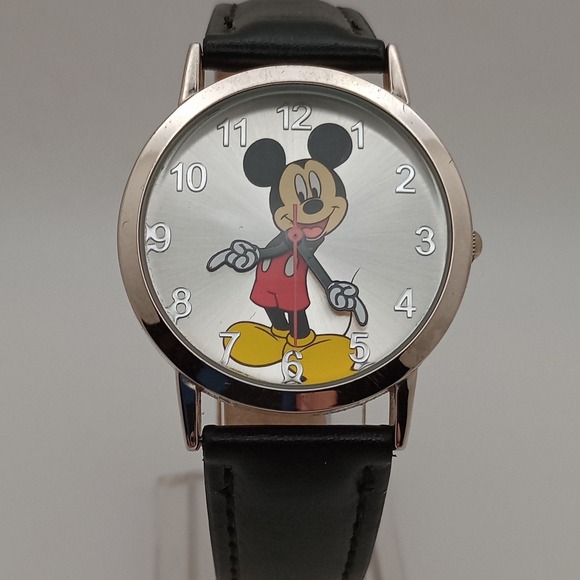 Disney Mickey Mouse Watch Silver Dial Black Leather Strap 33mm New Battery - Picture 2 of 12